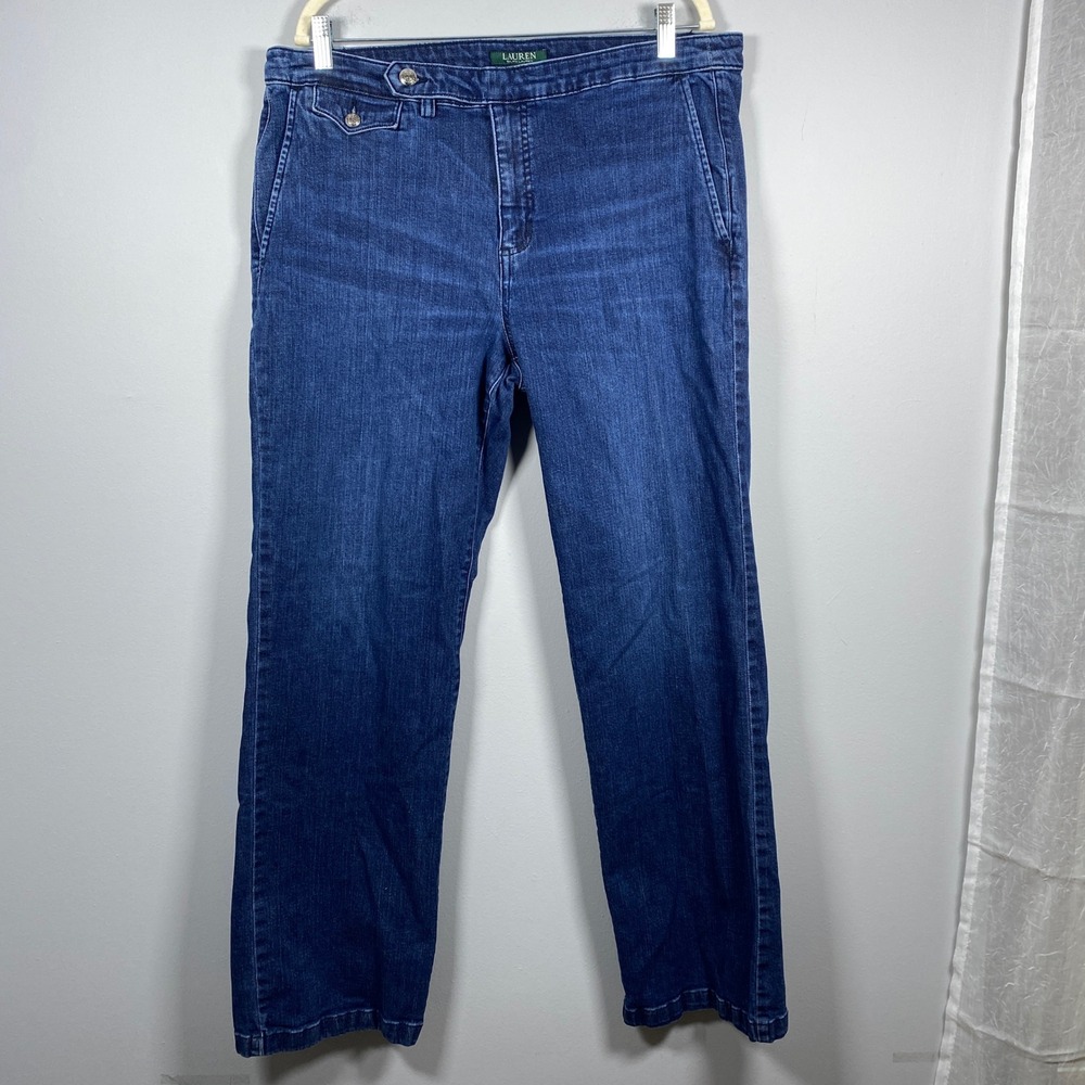 Lauren Ralph Lauren Straight Leg Jeans Womens 16 Blue Dark Wash Button Tab Waist